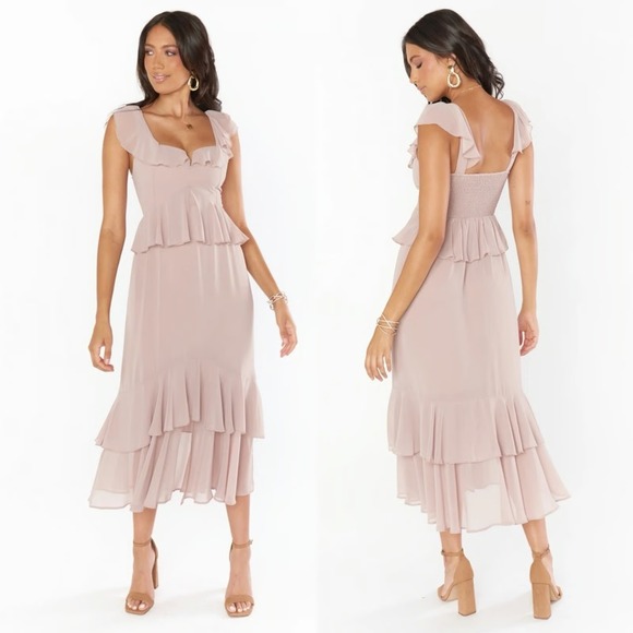 NWT Show Me Your Mumu Reese Ruffle Midi Dress Soft Beige Blush XXS Retail $198 - Picture 1 of 6